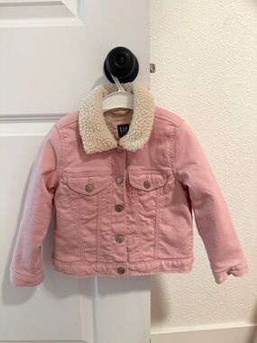 GAP Kids Light Pink Denim Jacket with Cream Sherpa Collar